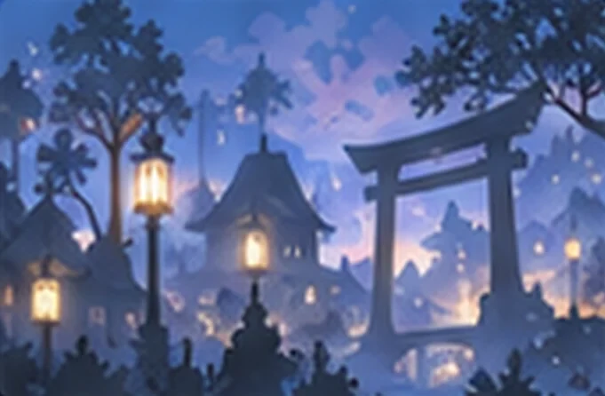 A lantern-lit festival path under the moon